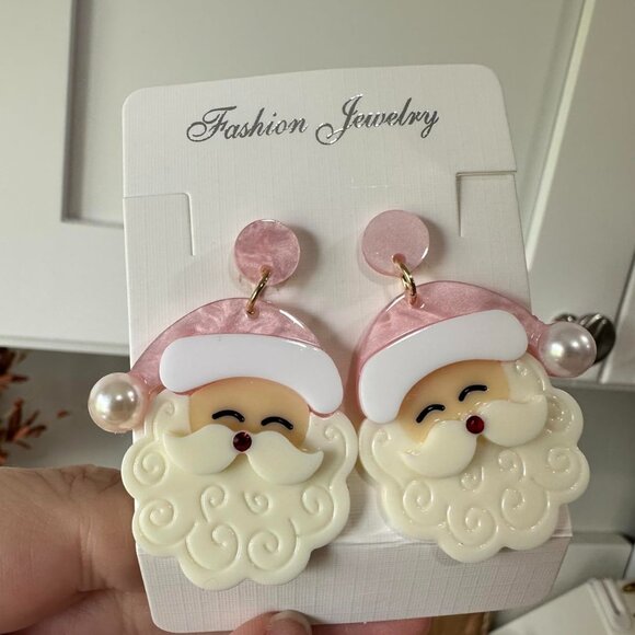 Pink Santa Claus Dangle Earrings Christmas Accessories Holiday Jewelry Xmas Gift - Picture 8 of 8